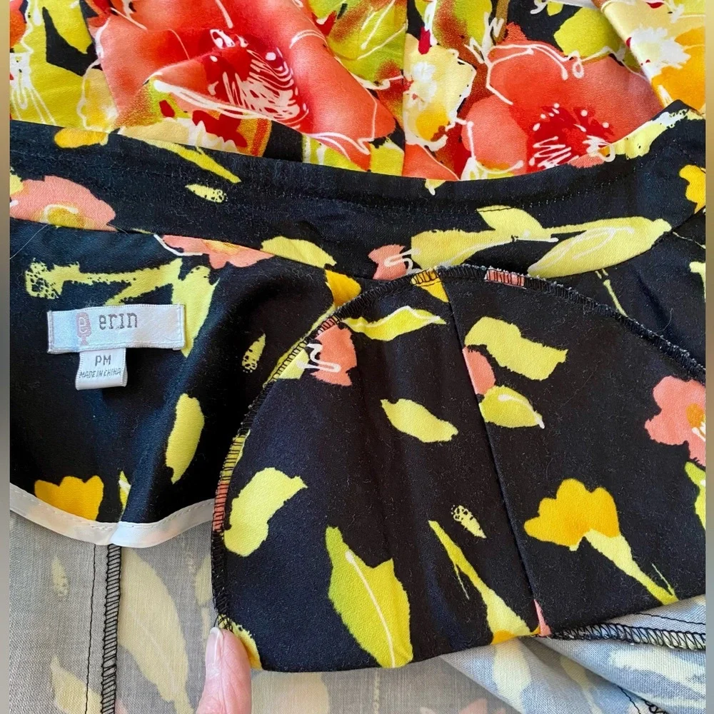 Erin London Petite Medium Floral Open Front Jacket Fitted Black Pink Yellow